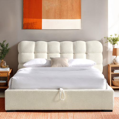 Lit coffre adulte 140x190 cm avec sommier et tête de lit capitonnée en tissu bouclé beige - Lola