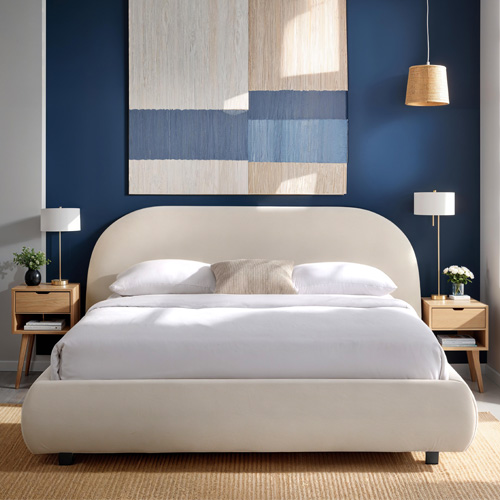 Lit adulte 140x190 cm avec sommier et tête de lit matelassée en velours beige - Maddie