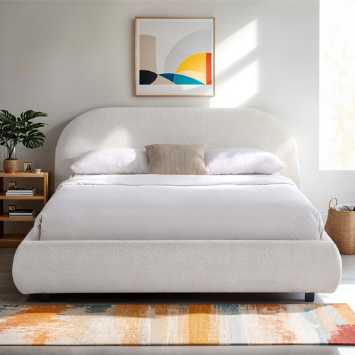 Lit adulte 160x200 cm avec sommier et tête de lit arrondie en tissu bouclé beige - Maddie