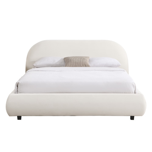 Lit adulte 180x200 cm avec sommier et tête de lit arrondie en velours beige - Maddie