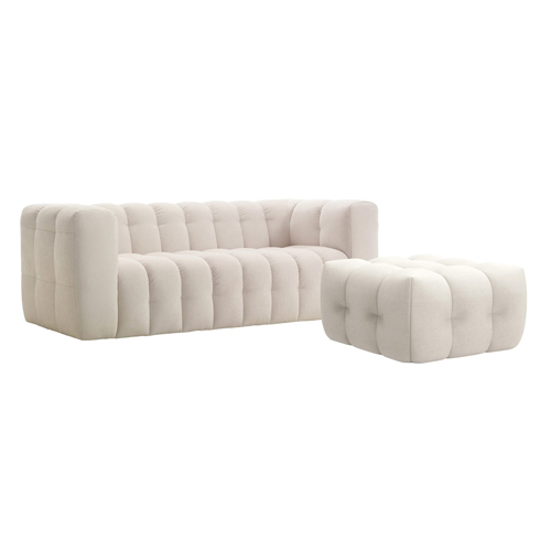 Ensemble Canapé capitonné 3 places + Pouf en tissu chenille beige - Cester