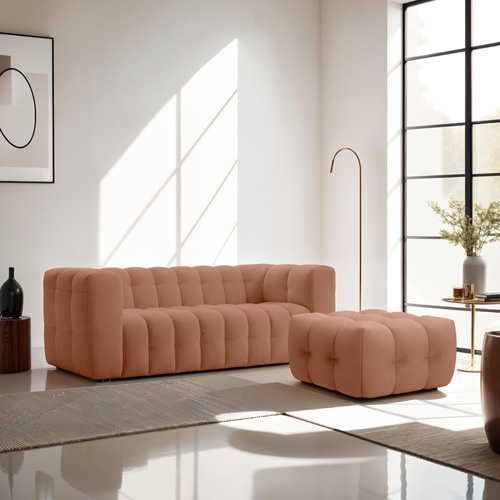 Ensemble Canapé capitonné 3 places + Pouf en tissu chenille terracotta - Cester