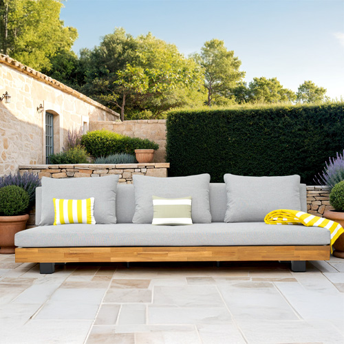 Canapé de jardin 3 places en bois FSC - coussins gris chiné - Capri