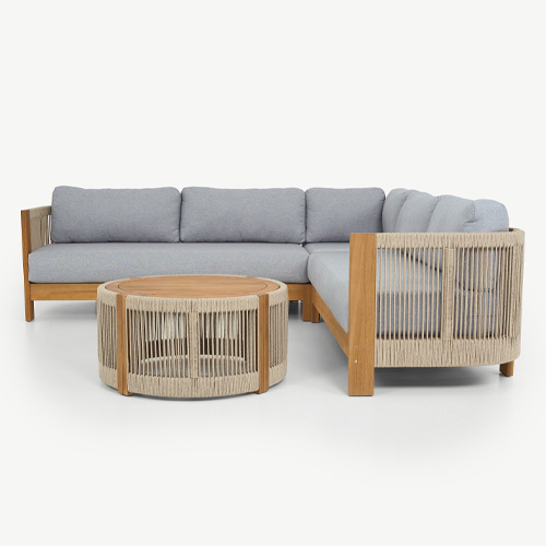 Salon de jardin d'angle 5 places en bois FSC - coussins gris chiné - Praia
