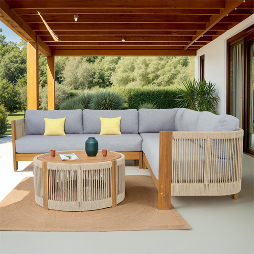 Salon de jardin d'angle 5 places en bois FSC - coussins gris chiné - Praia