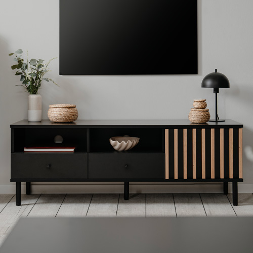 Meuble TV 1 porte, 2 tiroirs, 2 niches effet chêne - Morgan