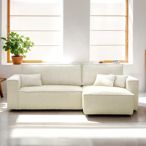 Canapé d'angle convertible réversible 4 places en velours gros côtelé beige - Livia