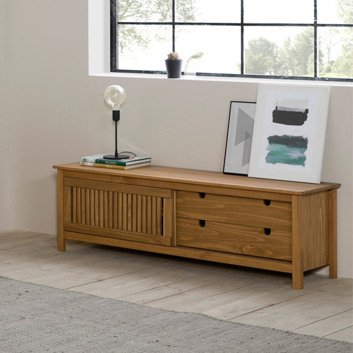 Meuble TV 1 porte coulissante 2 tiroirs en bois 158 cm - Fabia