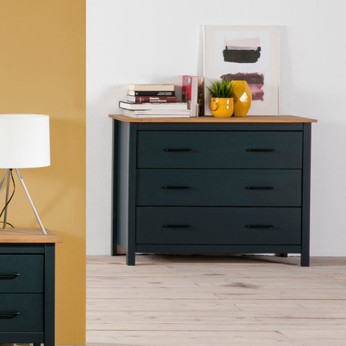 Commode 3 tiroirs en bois massif bleu 100 cm - Ida