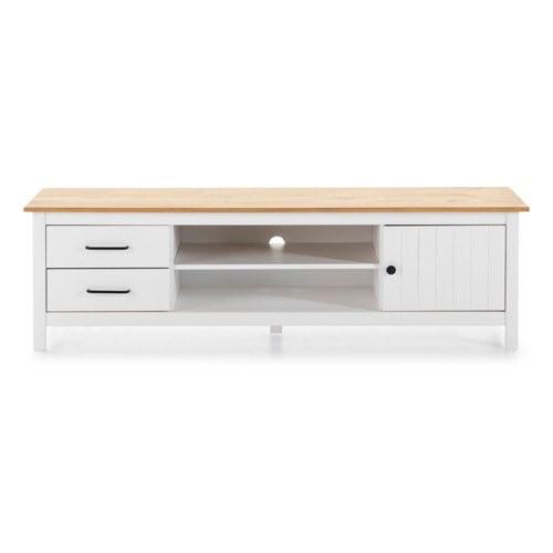 Meuble TV 1 porte 2 tiroirs en bois massif blanc 158 cm - Ida
