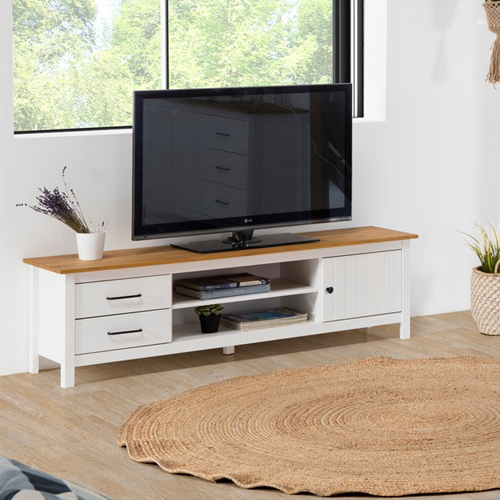 Meuble TV 1 porte 2 tiroirs en bois massif blanc 158 cm - Ida