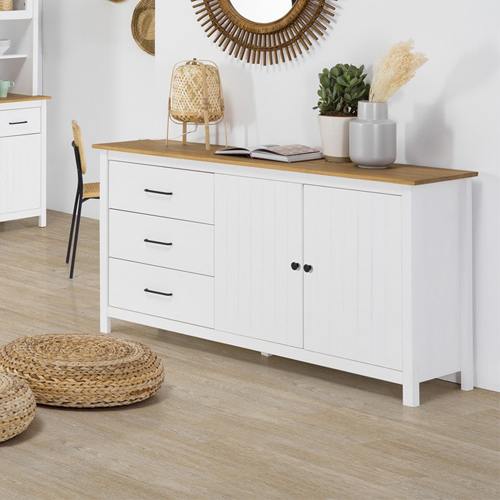 Buffet 2 portes 3 tiroirs en bois massif blanc 150cm - Ida