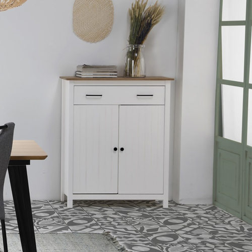 Buffet 2 portes 1 tiroir en bois massif blanc 90 cm - Ida