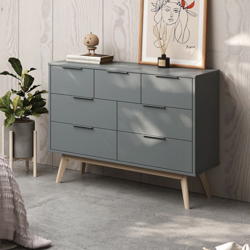 Commode 7 tiroirs en bois vert kaki 120 cm - Piera