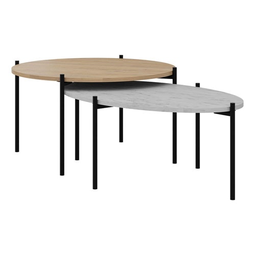 Lot de 2 tables basses gigognes effet chêne et effet marbre gris - Loris