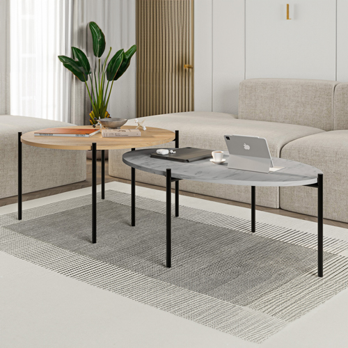 Lot de 2 tables basses gigognes effet chêne et effet marbre gris - Loris