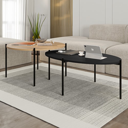 Lot de 2 tables basses gigognes effet chêne et noir - Loris