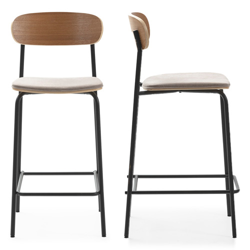 Lot de 2 tabourets de bar en tissu taupe et effet bois - Svala