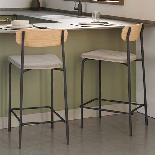 Lot de 2 tabourets de bar en tissu taupe et effet bois - Svala