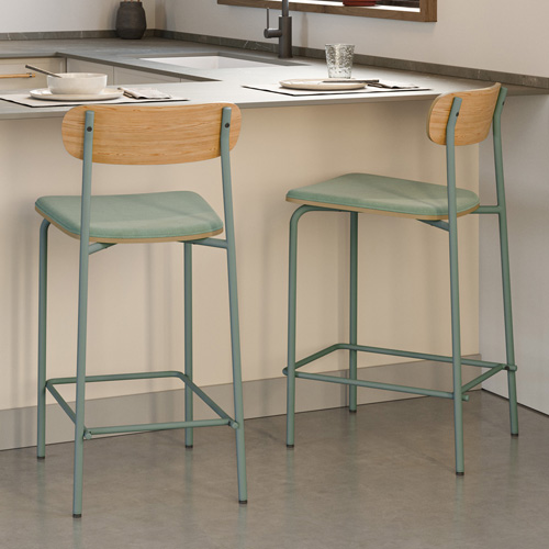 Lot de 2 tabourets de bar en tissu aigue-marine et effet bois - Svala
