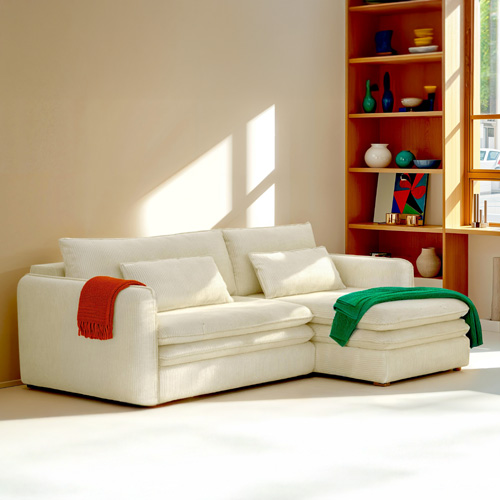 Canapé d'angle convertible réversible 3 places en velours côtelé beige - Baya