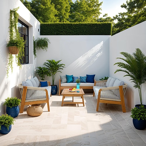 Salon de jardin 6 places en bois FSC - 2 canapes 3 pl. et table basse - Symi