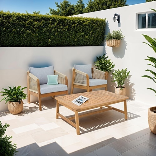 Salon de jardin 2 places en bois FSC - 2 fauteuils et table basse - Symi