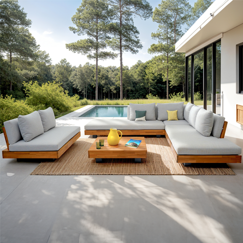 Salon de jardin 7 places en bois FSC - Canapé 5 pl. , Canapé 2 pl. et table basse - Capri