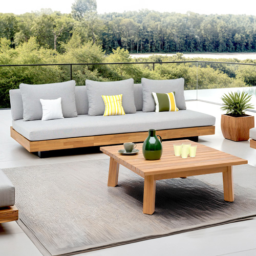 Salon de jardin 3 places en bois FSC - Coussins gris chiné - Capri