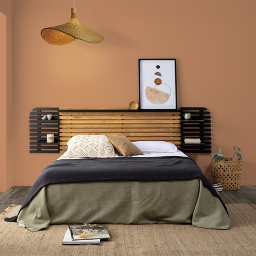 Tête de lit adulte en lattes de bois clair / noir avec chevets intégrés 240 cm - Scala