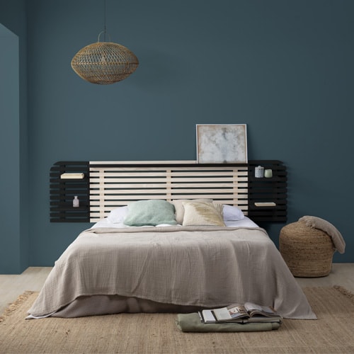 Tête de lit adulte en lattes de bois blanchi / noir 240 cm avec chevets intégrés - Scala