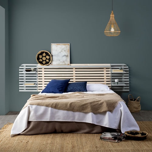 Tête de lit adulte en lattes de bois blanchi / gris 240 cm avec chevets intégrés - Scala