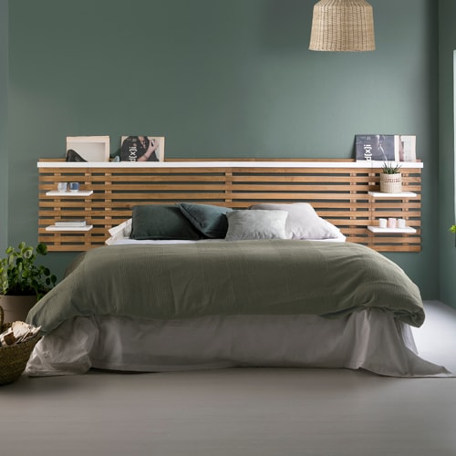Tête de lit adulte en lattes de bois clair / blanc 240 cm avec chevets intégrés - Essenza