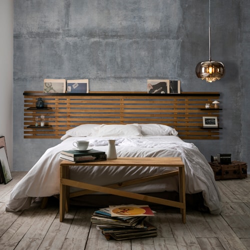 Tête de lit adulte en lattes de bois clair / noir 240 cm avec chevets intégrés - Essenza