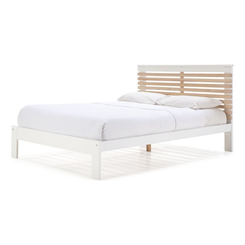 Lit adulte 140x190 cm avec tête de lit à lattes en bois clair / blanc - Lucy