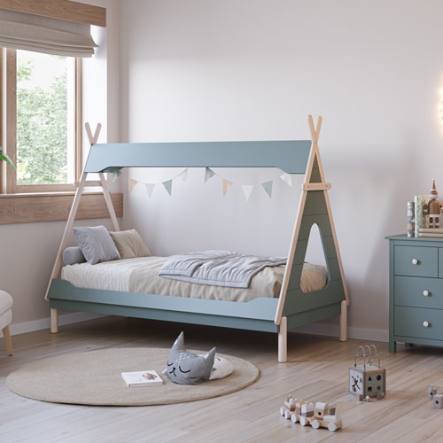 Lit tipi enfant 90x190 cm en bois vert kaki - Totem