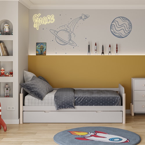 Lit enfant gigogne 90x190 cm avec tête de lit en bois beige - Bastien