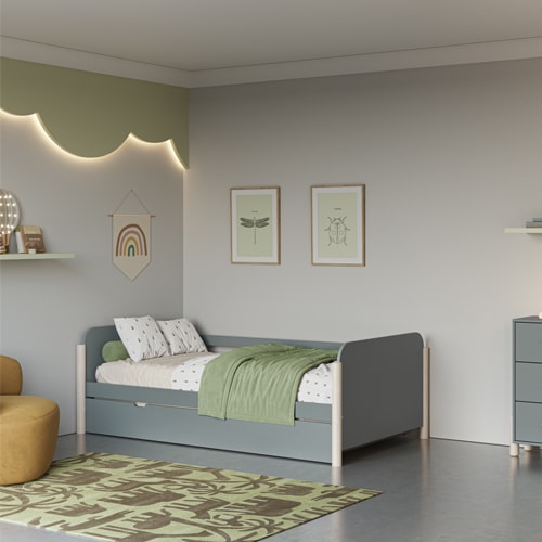 Lit enfant gigogne 90x190 cm avec tête de lit en bois vert kaki - Bastien