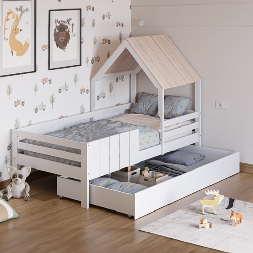 Lit cabane enfant 90x190 cm en bois blanc - Eloan