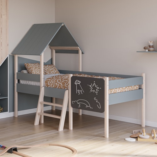 Lit cabane enfant 90x190 cm en bois vert kaki - Orea