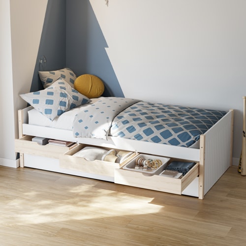 Lit gigogne enfant 90x190 à tiroirs en bois blanc - Owan