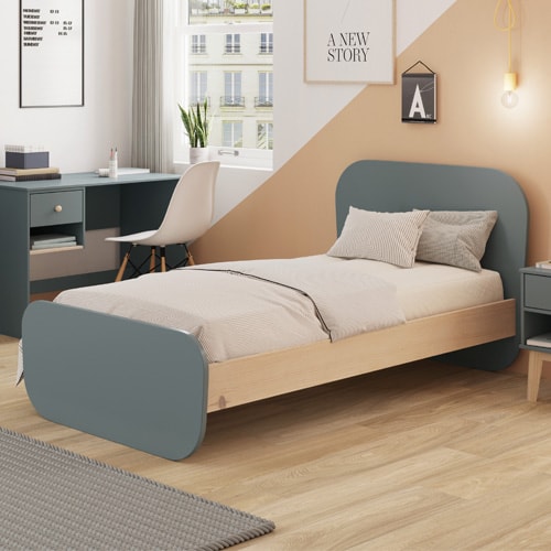 Lit enfant 90x190 cm avec tête de lit en bois vert kaki - Elise