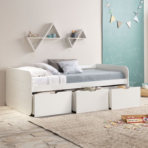 Lit banquette enfant 90x190 cm en bois blanc avec tiroirs de rangement - Lio