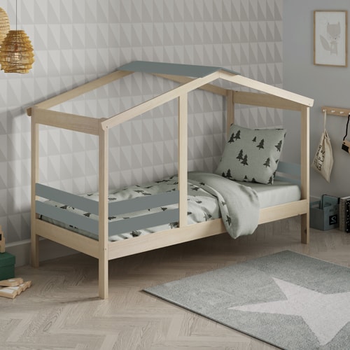 Lit cabane enfant 90x190 cm en bois clair / vert kaki - Violette