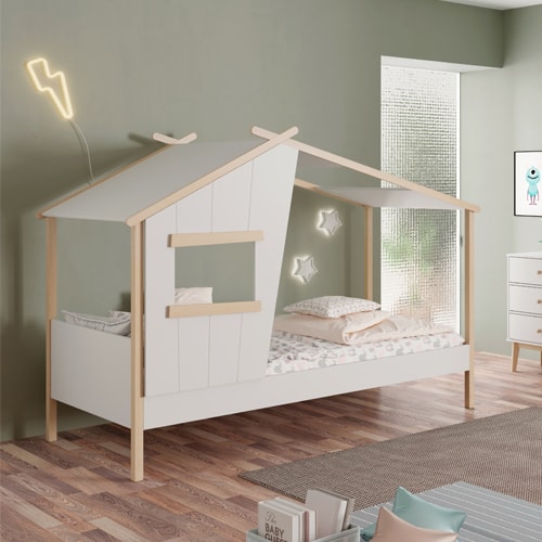Lit cabane enfant 90x190 cm en bois blanc - Artus