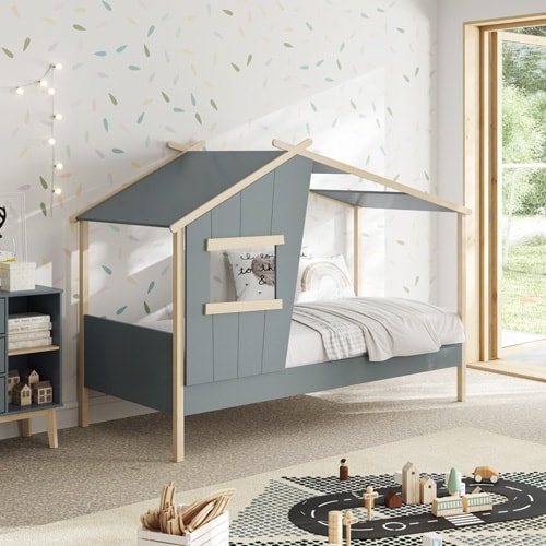 Lit cabane enfant 90x190 cm en bois vert kaki - Artus
