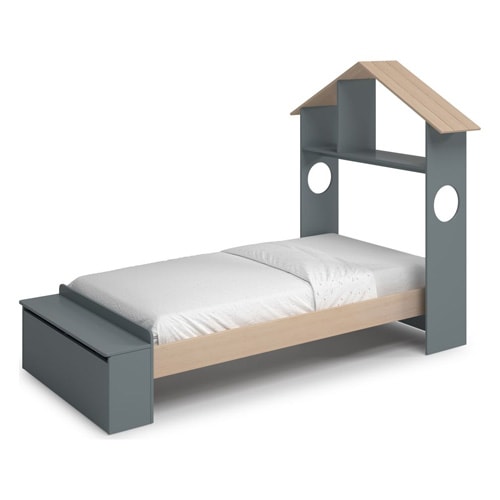Lit enfant 90x190 cm en bois vert kaki avec tête de lit cabane et coffre de rangement - Anatole