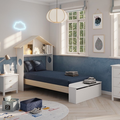 Lit enfant 90x190 cm en bois blanc avec tête de lit cabane et coffre de rangement - Anatole