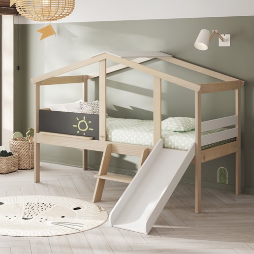 Lit cabane enfant avec toboggan 90x190 cm en bois clair / blanc - Jules