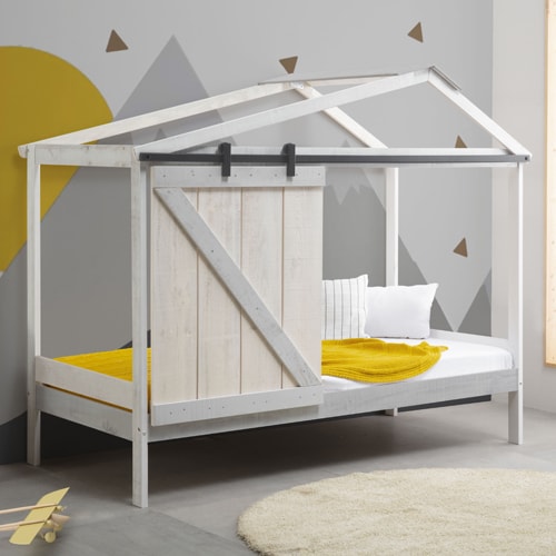 Lit cabane enfant rustique 90x190 cm en bois blanchi / gris - Emile